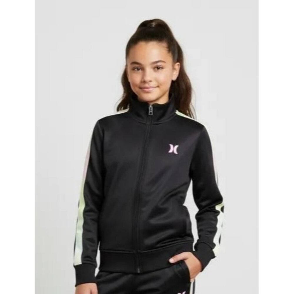 Hurley Kids Girls Full Zip Logo Neon Striped Sleeve Track Suit Jacket Size Large